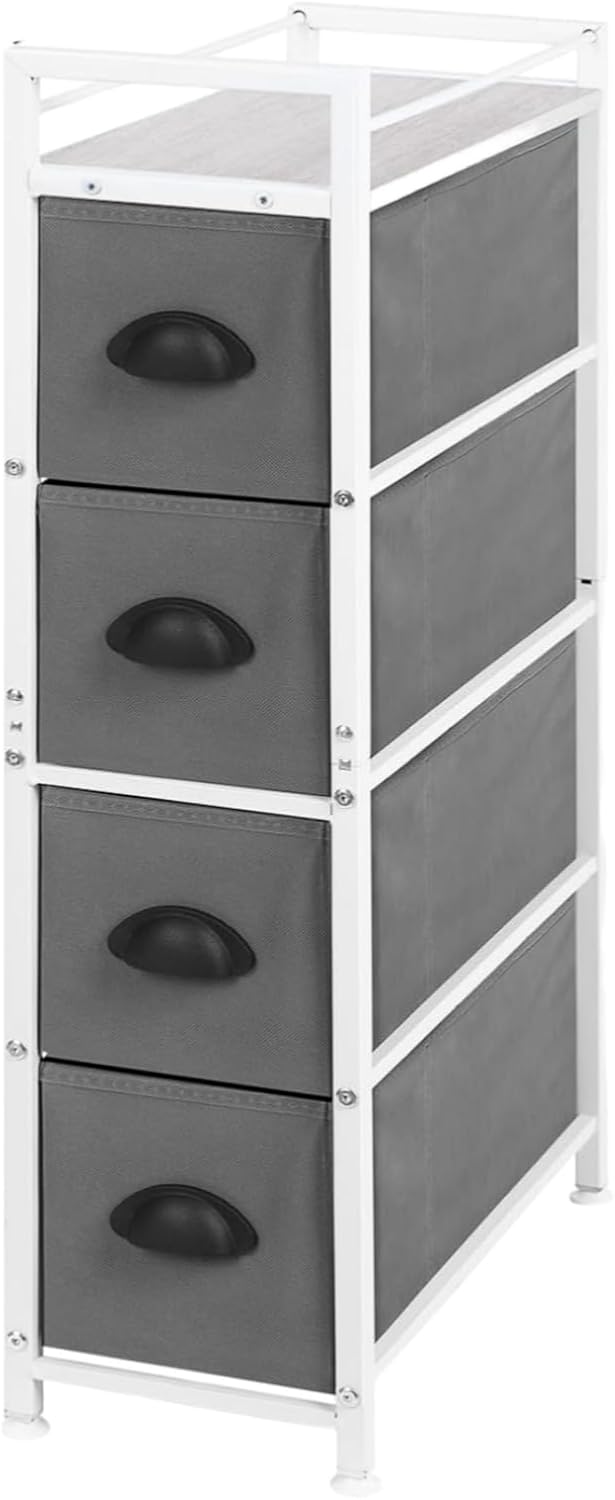 MOOACE Narrow Dresser with 4 Drawers, Dresser for Bedroom, Small Fabric Dresser Vertical Storage Tower Standing, Steel Frame & Wooden Top Chest of Drawers for Bedroom, Bathroom & Laundry