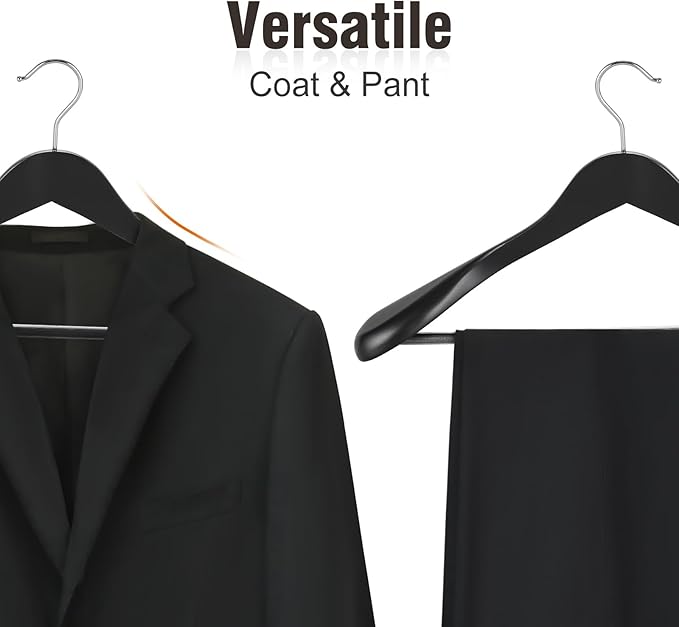 TOPIA HANGER Wide Shoulder Wooden Hangers, Suit Hangers with Non Slip Pants Bar & 360° Swivel Hook, Solid Wood Heavy Duty Coat Hanger, 10 Pack (Matte Black)-CT02B-10