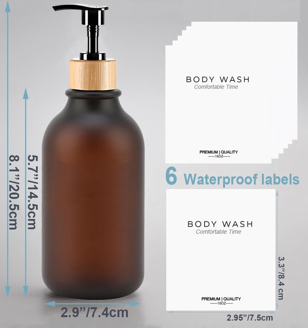 Frosted Heavy Duty Shampoo and Conditioner Bottles, Apothecary Dispenser Bamboo Pump, Refillable Shampoo Bottles for Shampoo Lotion Oil Shower Soap Hand Soap and Dish Soap (Matte Amber)