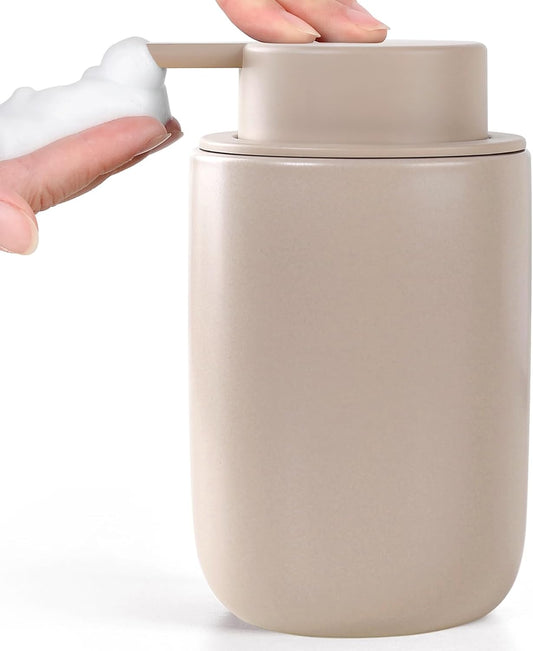 BosilunLife Foam Soap Dispenser - Ceramic Foaming Hand Wash Dispenser for Bathroom Modern Farmhouse Small Soap Dispenser Lotion Hand Pump Dispenser for Kitchen Sink (Khaki, Foam Pump)
