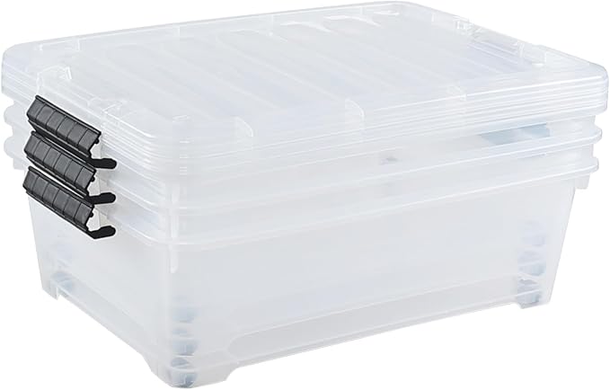 Hespama 3 Pack Plastic Storage Boxes with Lids, 20 Quart Rolling Plastic Bins for Under the Bed