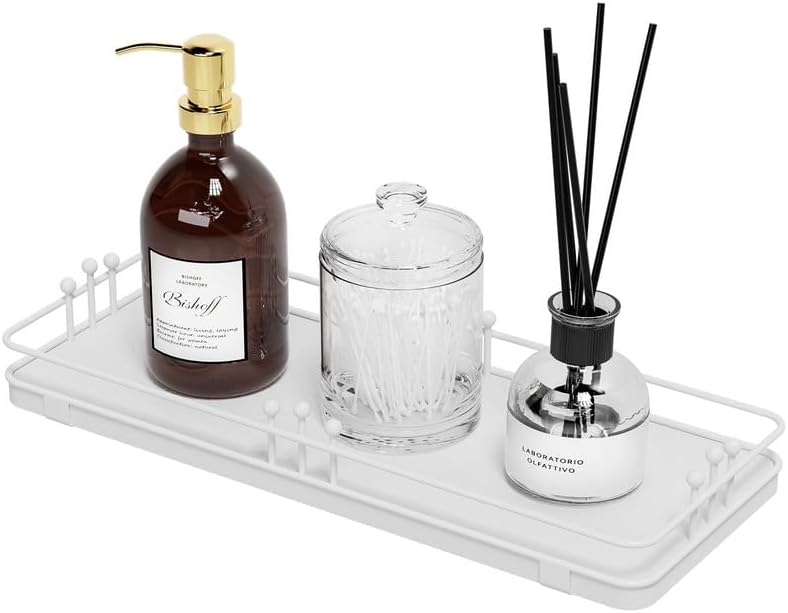 Bathroom Vanity Tray for Countertop Toiletries Perfume Makeup Soap Dispenser Toilet Tank, Kitchen Tray for Salt Spice, Decor Tray for Candle Nightstand Coffee 11.3”x 4.4” White