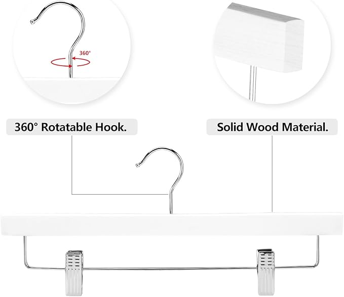 AMKUFO 20pcs Wooden Pants Hangers Solid Pants Hangers with Adjustable Clips 14 Inch White Wood Skirt Hangers Trousers Bottom Hangers with Non-Slip Clips and 360° Swivel Hook