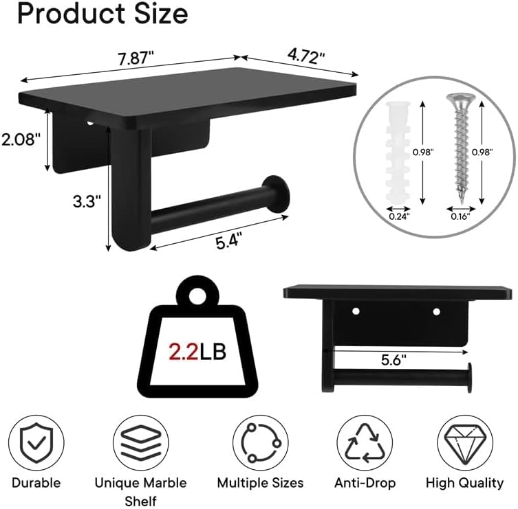 Toilet Paper Holder with Natural Marble Shelf for Bathroom Washroom,Wall Mounted Tissue Holder Suitable for Mega Roll (Middle 7.87 * 4.72 in, Black)