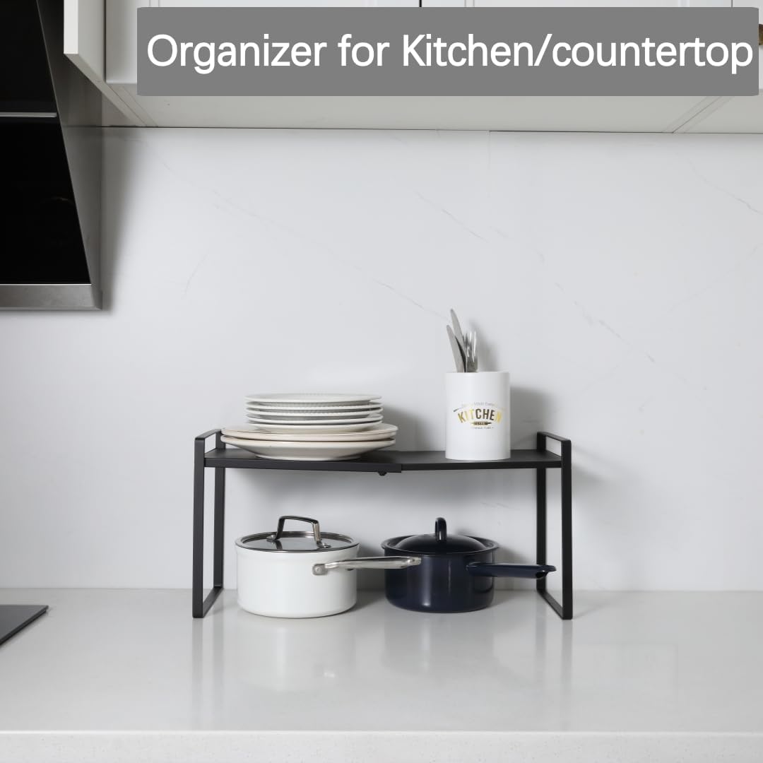 Expandable Cabinet Shelf Organizer Riser for Kitchen Pantry Cupboard Under Sink Countertop (black, 8.2’’D * 12.2-21.6’’W * 10.4’’H)