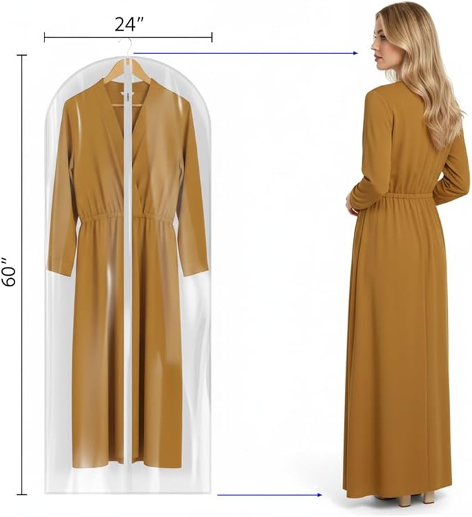 60” All Clear Garment Bags for Travel - PEVA Waterproof Suit Cover with Zipper for Hanging Clothes, long Gowns - Durable Dresser for Closet Storage, Dustproof & Moisture Resistant - 60”/6 Pack