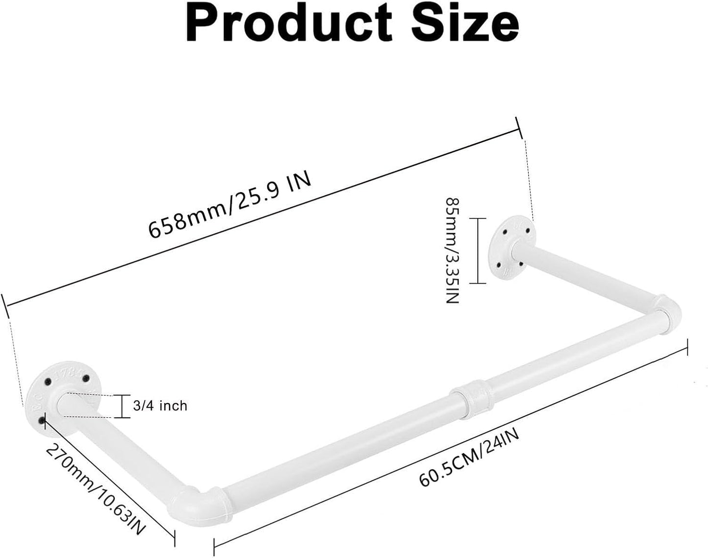 Industrial Iron Pipe Clothes Hanging Bar DIY Wall-Mounted Garment Rack Heavy Duty Clothing Rack for Bedroom, Laundry Room, Closet Storage (White 24 inch)