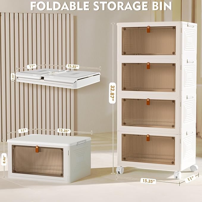 4-Tier Foldable Plastic Drawer Storage with Wheels,Stackable Storage Bins with Lid,Organization and Storage Boxes for Kitchen,Cloakroom,Closet,Living Room,Office and Dorm