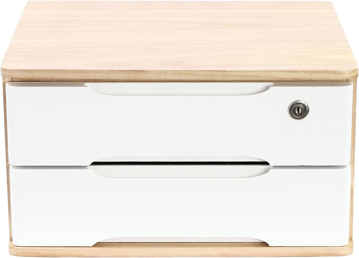 2-Tier Wooden Desktop Storage Box Desk Organizer with 2 Drawers and Lock Countertop Drawers Organizer for Office Supplies File Paper Cosmetic Jewelry, 15.4x11.8x8.5 in (Light Brown and White)