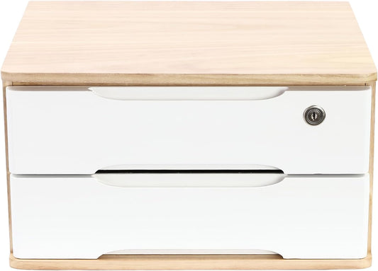 2-Tier Wooden Desktop Storage Box Desk Organizer with 2 Drawers and Lock Countertop Drawers Organizer for Office Supplies File Paper Cosmetic Jewelry, 15.4x11.8x8.5 in (Light Brown and White)