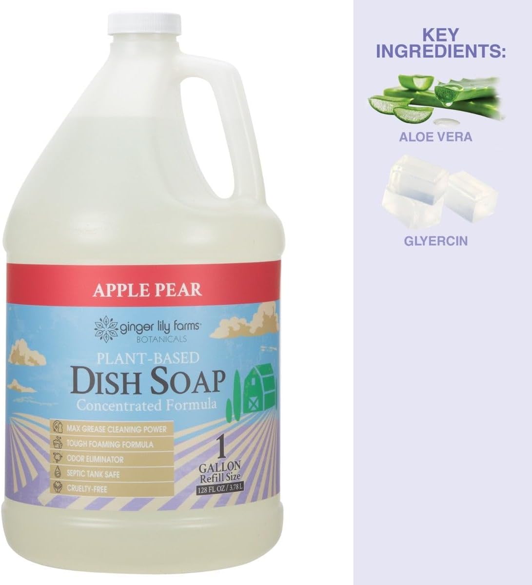 Ginger Lily Farms Botanicals Plant-Based Liquid Dish Soap, Concentrated Formula with Max Grease Cleaning Power, Cruelty-Free, Apple Pear Scent, 1 Gallon Refill (128 Fl. Oz.)