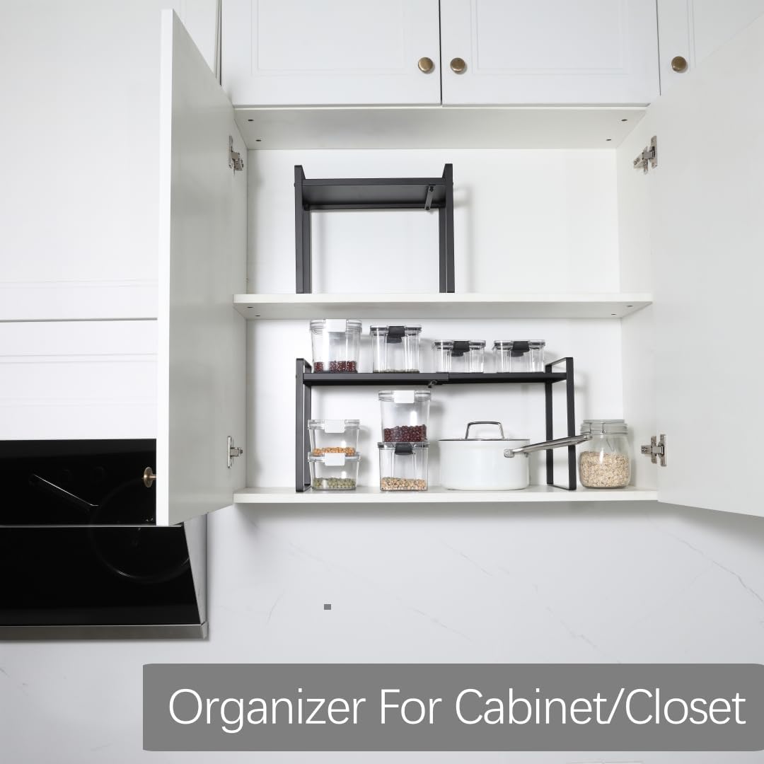 Expandable Cabinet Shelf Organizer Riser for Kitchen Pantry Cupboard Under Sink Countertop (black, 8.2’’D * 12.2-21.6’’W * 10.4’’H)