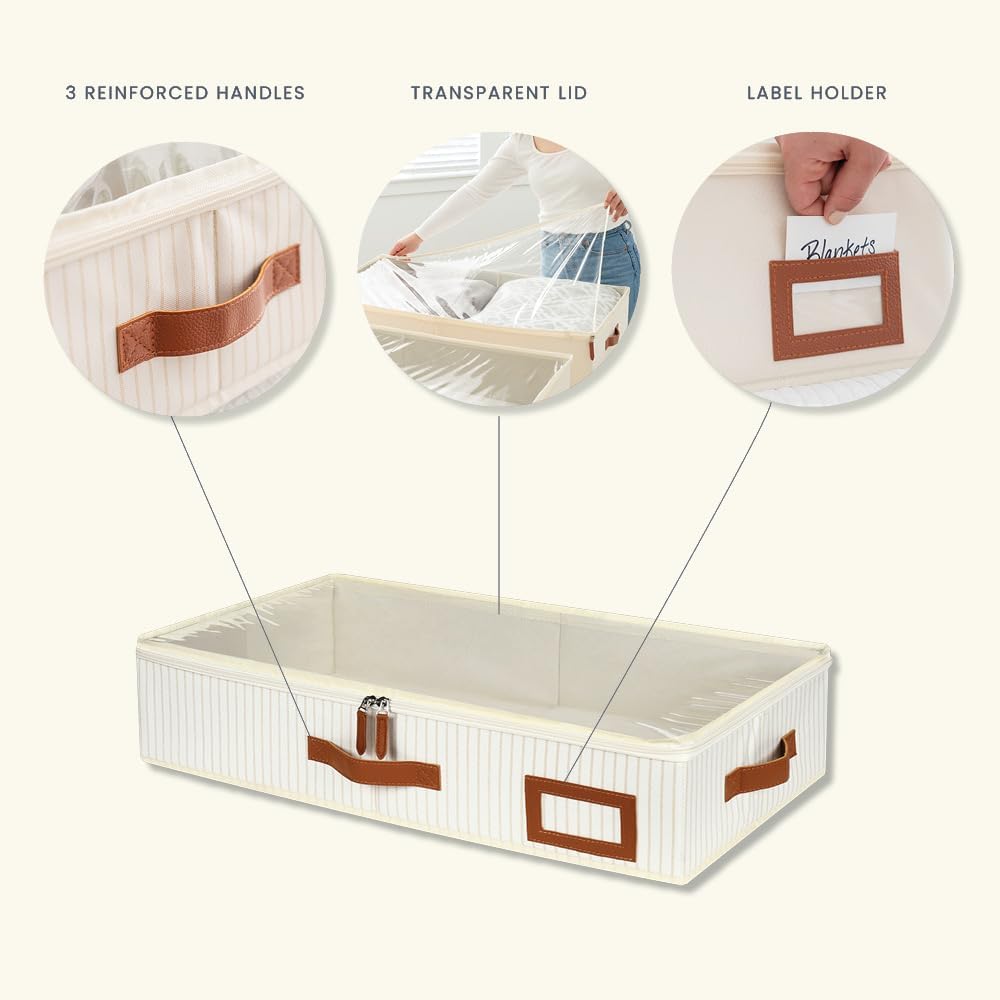OrganiHaus Under Bed Storage Containers, Bedroom Storage and Organization Bins, Clothes Organizer for Closet with Clear Cover and Reinforced Handles - Set of 2 33x17x6 inches White Striped