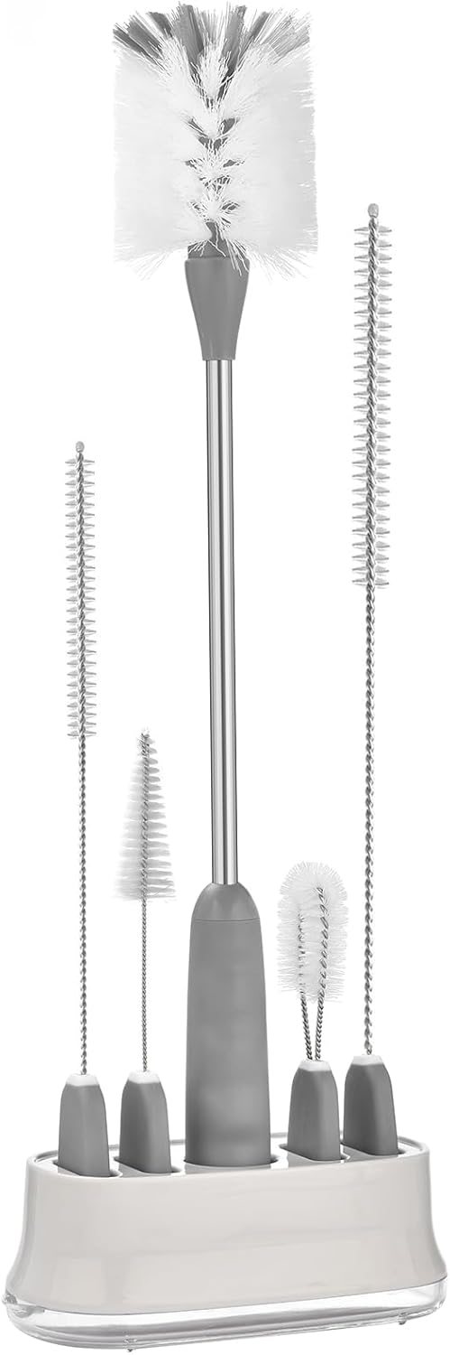 ALINK 5 Pack Water Bottle Brush Cleaning Set with Holder, Bottle Cleaner with Stand, Straw Nipple Lid Brush for Stanley Tumblers, Drinking Glass, Baby Bottles, Jugs - Gray