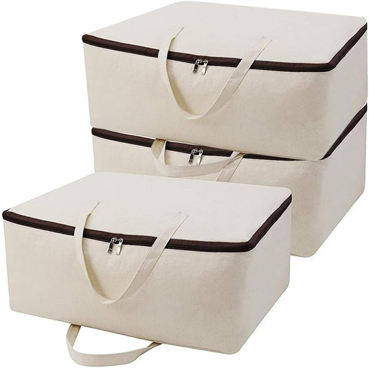 Breathable Canvas Cotton Soft Storage Bags with Handles & 3-side Zip, Good for Cotton Clothes Bedding Organizer Bins, Beige, 3pcs