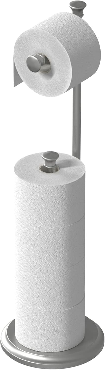 Free Standing Toilet Paper Holder Stand Brushed Nickel Toilet Roll Stand Bathroom Tissue Rack with Storage Reserves 5 Mega Rolls