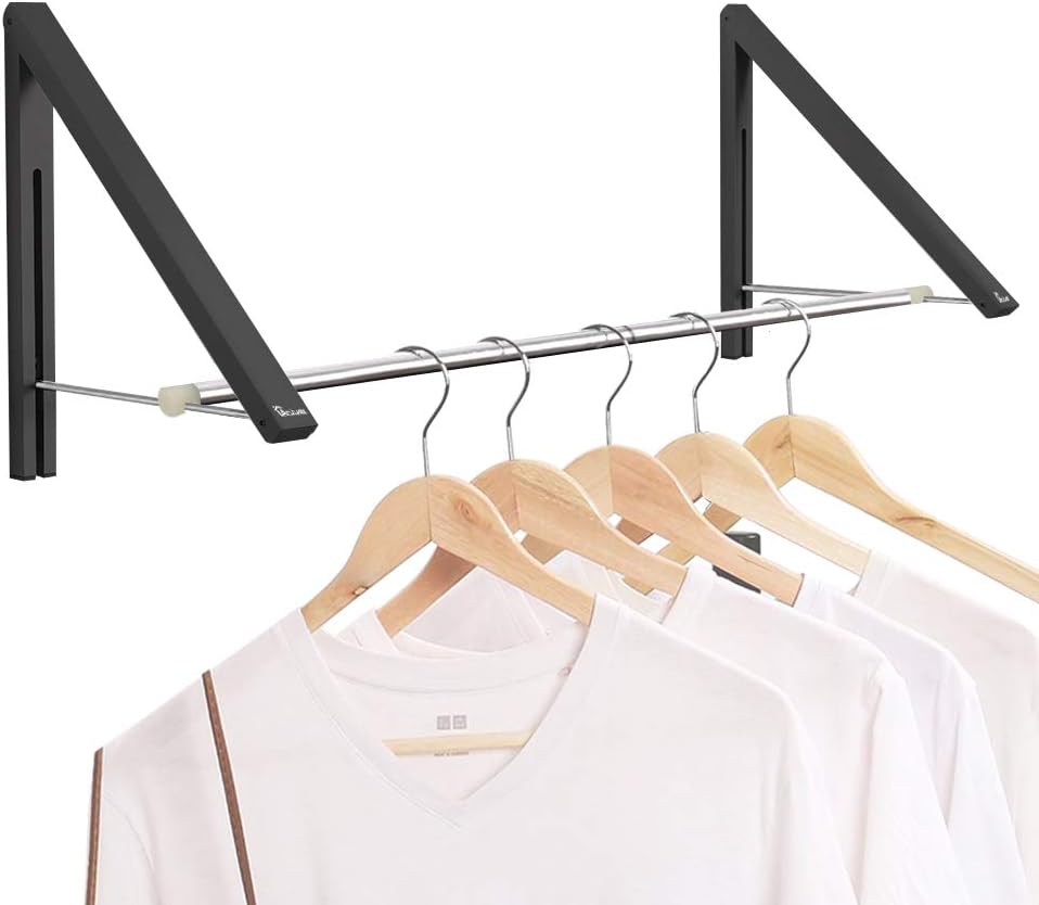 Retractable Clothes Rack - Wall Mounted Folding Clothes Hanger Drying Rack for Laundry Room Closet Storage Organization, Aluminum, 2 Racks with Rod (Black)