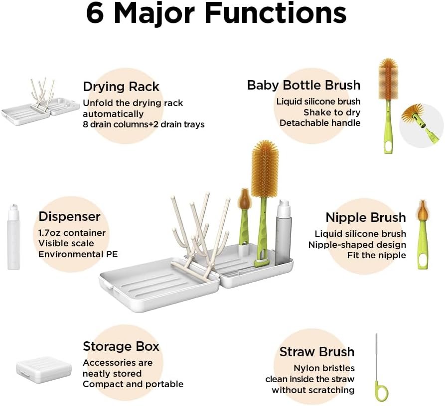 Travel Bottle Brush with Portable Bottle Drying Rack, Baby Bottle Brush for Baby Travel Essential, White