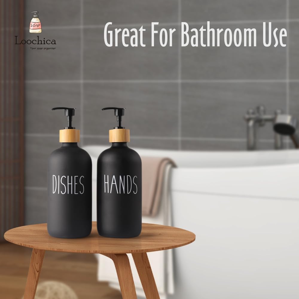 2 Pack Black Glass Soap Dispenser Set, Matte Black Soap Dispenser for Sink, Rustic Kitchen Decor