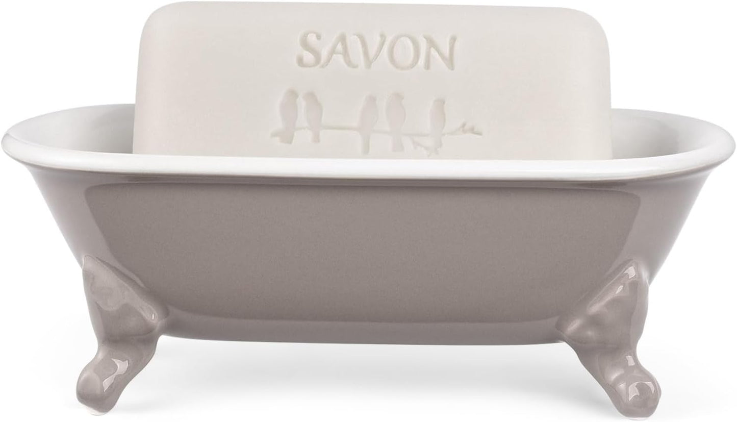 6.5" Ceramic Mini Decorative Clawfoot Bathtub Bar Soap Dish, Kitchen Sponge Holder and Shower Tray for Bathroom, 1 Pack(Taupe)