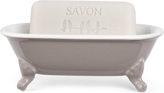 6.5" Ceramic Mini Decorative Clawfoot Bathtub Bar Soap Dish, Kitchen Sponge Holder and Shower Tray for Bathroom, 1 Pack(Taupe)