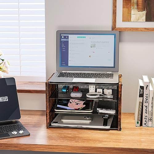 3-Tier Paper Letter Tray, Wooden Desk File Organizer, Stackable Metal Mesh Desk Organizer for Office Supplies. Small Paper Trays for Home Office School, Rustic Brown