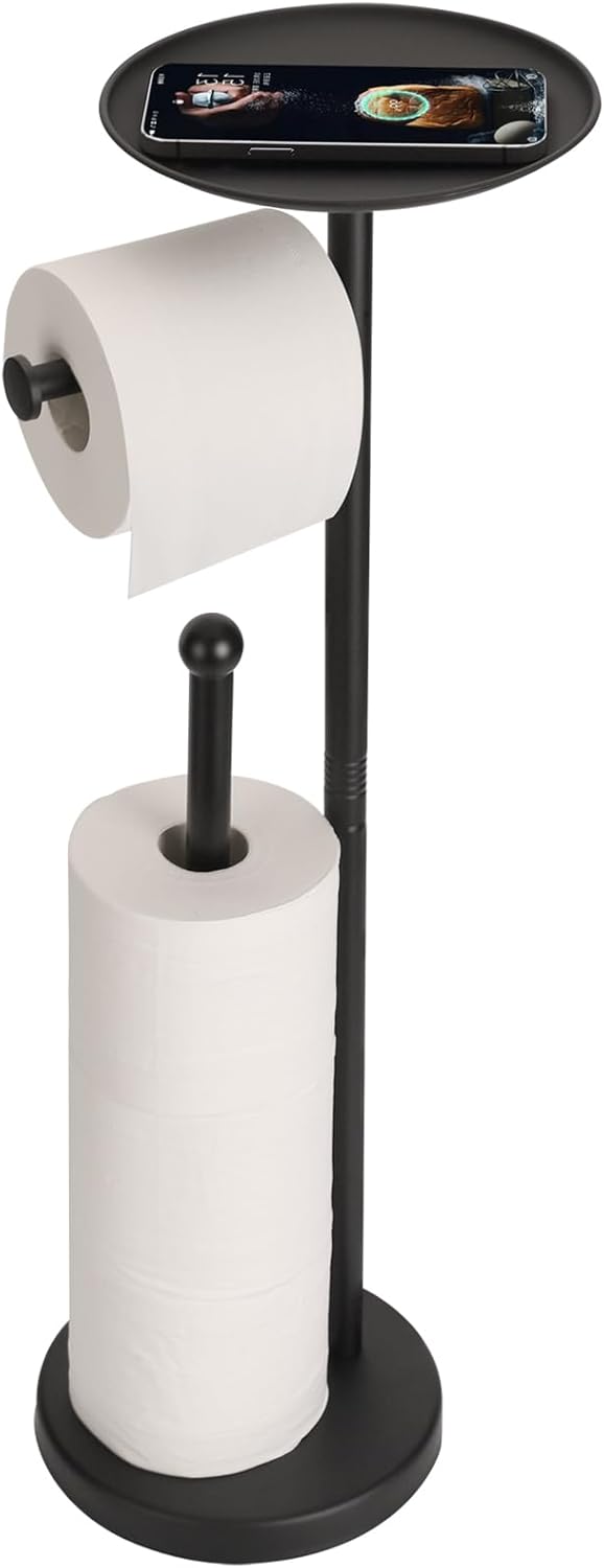 Noonext Black Toilet Paper Holder with Shelf, Freestanding Toilet Paper Holder Stand with Tray at The Top, Heavy Base No Tipping Over (Stainless Steel, Black)