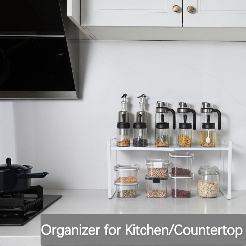 Expandable Cabinet Shelf Organizer Riser for Kitchen Pantry Cupboard Under Sink Countertop (white, 8.2’’D * 12.2-21.6’’W * 10.4’’H)