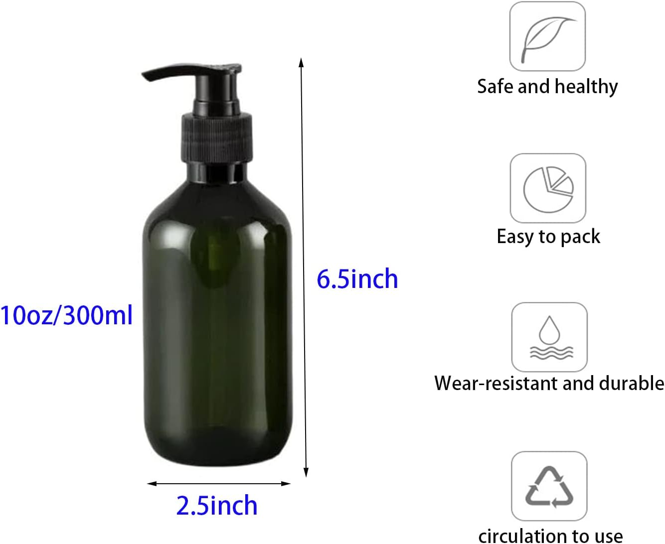 10 Ounce/300ml Pump Bottle Dispenser, Empty Plastic Refillable Lotion Soap Shampoo Dispenser Containers with Pump, for Bathroom, Kitchen Sink, Lotion, Hand Soap Dispenser, 2-Pack Green