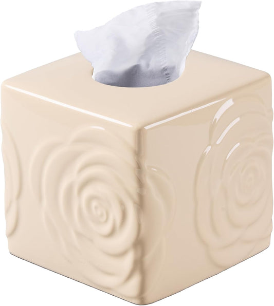 Beige Ceramic Cube Tissue Box Cover with Rose – Large Elegant Rose Floral Square Decorative Tissue Box Holder for Bathroom, Bedroom, Office Desk, Kitchen Counter – Perfect Housewarming Gift