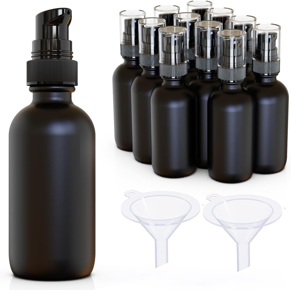 12Pack 2oz Black Glass Pump Bottles, 60ml with Black Pump, Empty Refillable Travel Small Container For Lotion Cream Essentil Oil Shampoo (60mlpumpBLK)