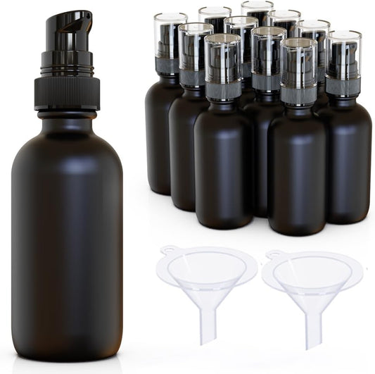 12Pack 2oz Black Glass Pump Bottles, 60ml with Black Pump, Empty Refillable Travel Small Container For Lotion Cream Essentil Oil Shampoo (60mlpumpBLK)