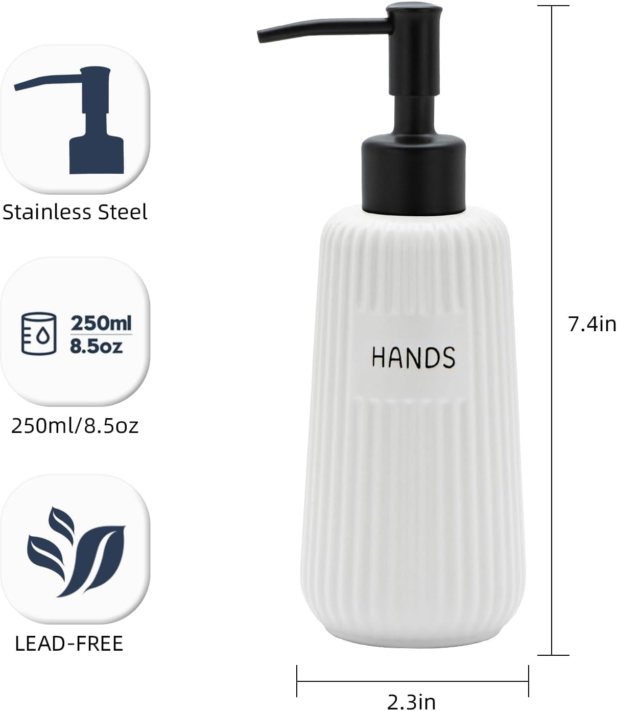 Kitchen Soap Dispenser Set with Stainless Steel Pump and Funnel, Modern Ceramic Refillable Hand and Dish Soap Dispenser Set for Kitchen, Bathroom, Office, Hotel, Matte Black and White