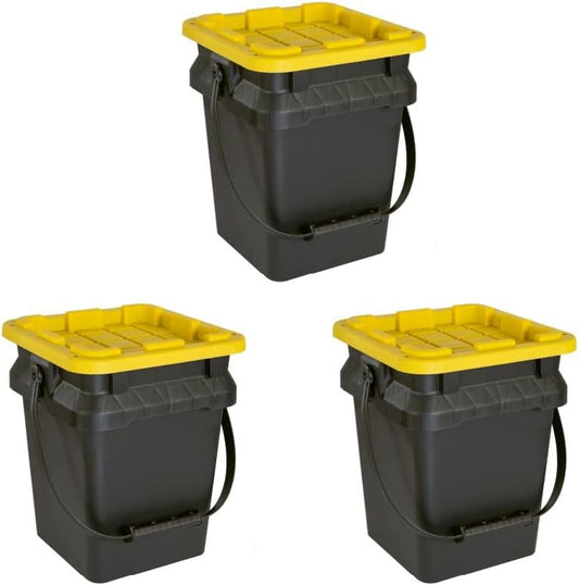 CX BLACK & YELLOW, 5-Gallon Heavy Duty Bucket Tough Storage Container & Snap-Tight Lid, (14.9"H x 12"W x 13"D), Weather-Resistant Design and Stackable Organization Tote [3 Pack]