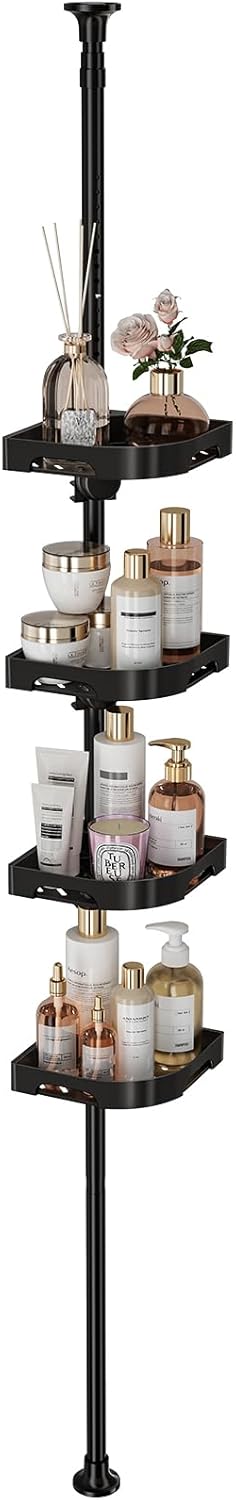 Tension Pole Shower Caddy Organizer with4 Tier L-Shaped Rust Resistant Bathroom Corner Shelves with 34-124 Inch Adjustable No Drilling Quick Install Shower Rack for Bath Essentials (Black)