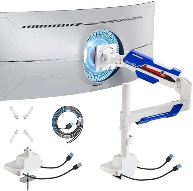 ARES WING Single Monitor Mount with USB, Ultrawide Monitor Arm for 24 to 57 Inch Heavy Duty Curved Screen, Adjustable Gas Spring Monitors Arm Stand up to 66LBS with 75/100/200 Vesa Mount, White