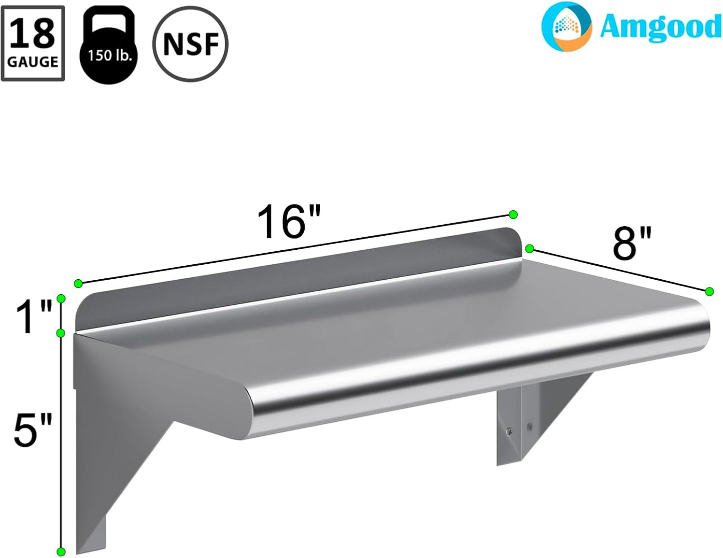 AmGood 16" Long X 8" Deep Stainless Steel Wall Shelf | NSF Certified | Appliance & Equipment Metal Shelving | Kitchen, Restaurant, Garage, Laundry, Utility Room