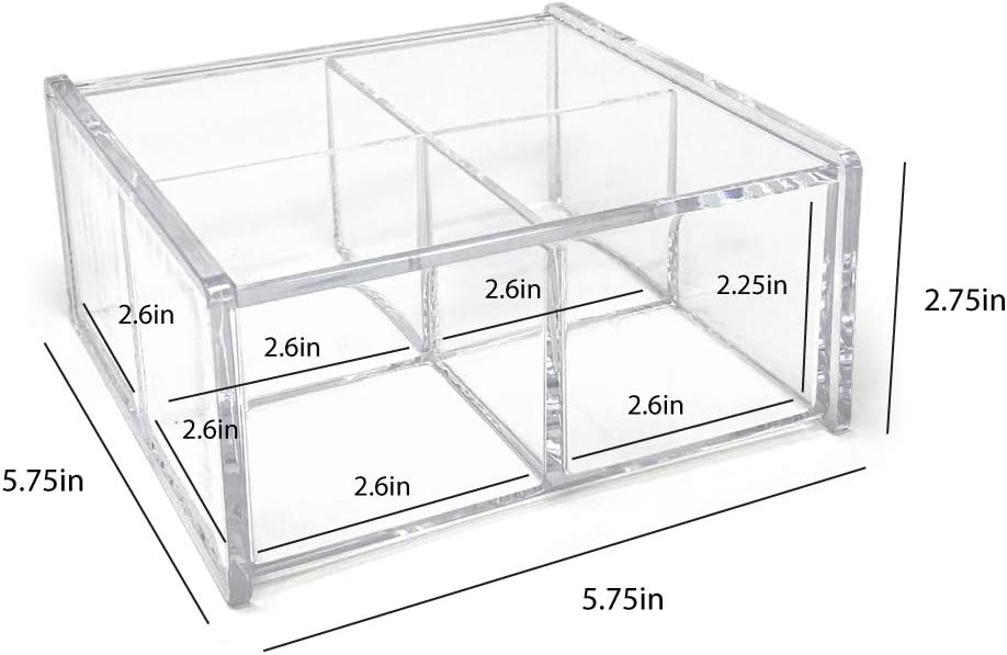 Isaac Jacobs 4-Compartment Square Clear Acrylic Organizer with Lid (5.75" L x 5.75" W x 2.75" H), Multi-Sectional Tray, Stackable, Storage Solution for School, Craft, Office Supplies, Kitchen & More