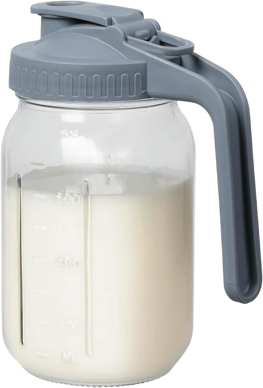 Novelinks 32OZ Glass Pitcher with Lid, Wide Mouth Mason Jar Pitcher, Leak-proof Water Jug for Juice, Milk,iced Coffee Lemonade Tea,1 Pack