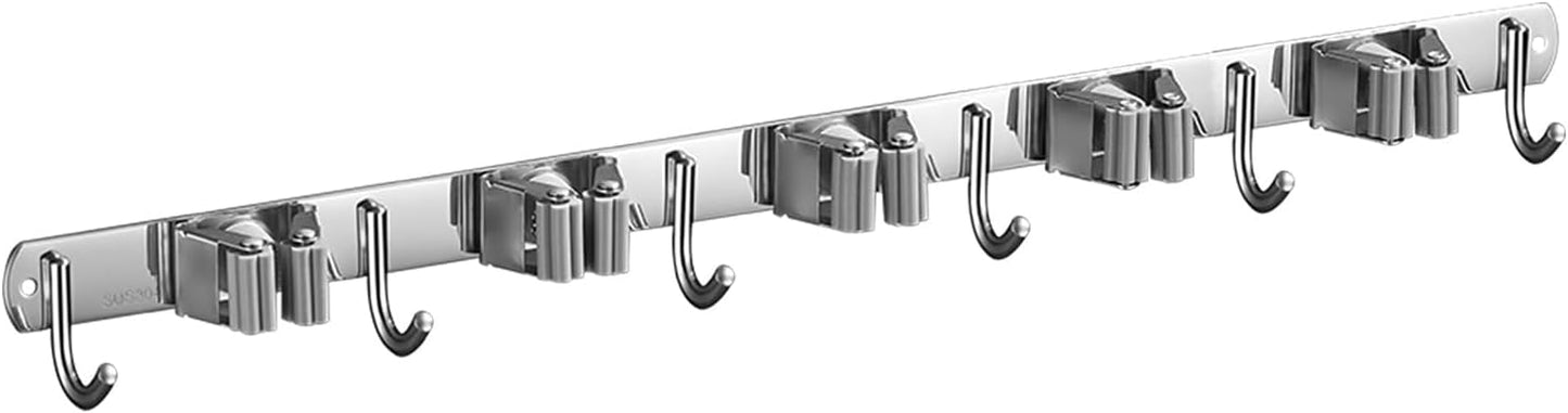 Stainless Steel Wall Mounted Storage Rack (5 Racks with 6 Hooks, Silver) for Kitchen, Bathroom, Laundry Room, Garage, Broom Cabinet, Indoor and Outdoor Use