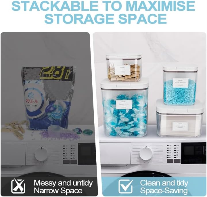 4 Pack Stackable Laundry Pods Container & Dryer Sheet Holder with Pop-Up Lids & Labels, Sealing Laundry Room Organization and Storage Jars for Powder, Scent Bead, Dryer Balls