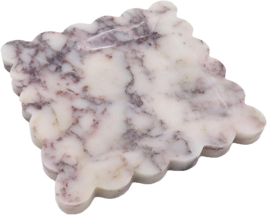 Square Marble Decorative Tray with Scalloped Edge, Luxury Natural Stone Bathroom Vanity Tray, Dresser Top Perfume Coffee Home Kitchen Sink Tray, Key Trinket Ring