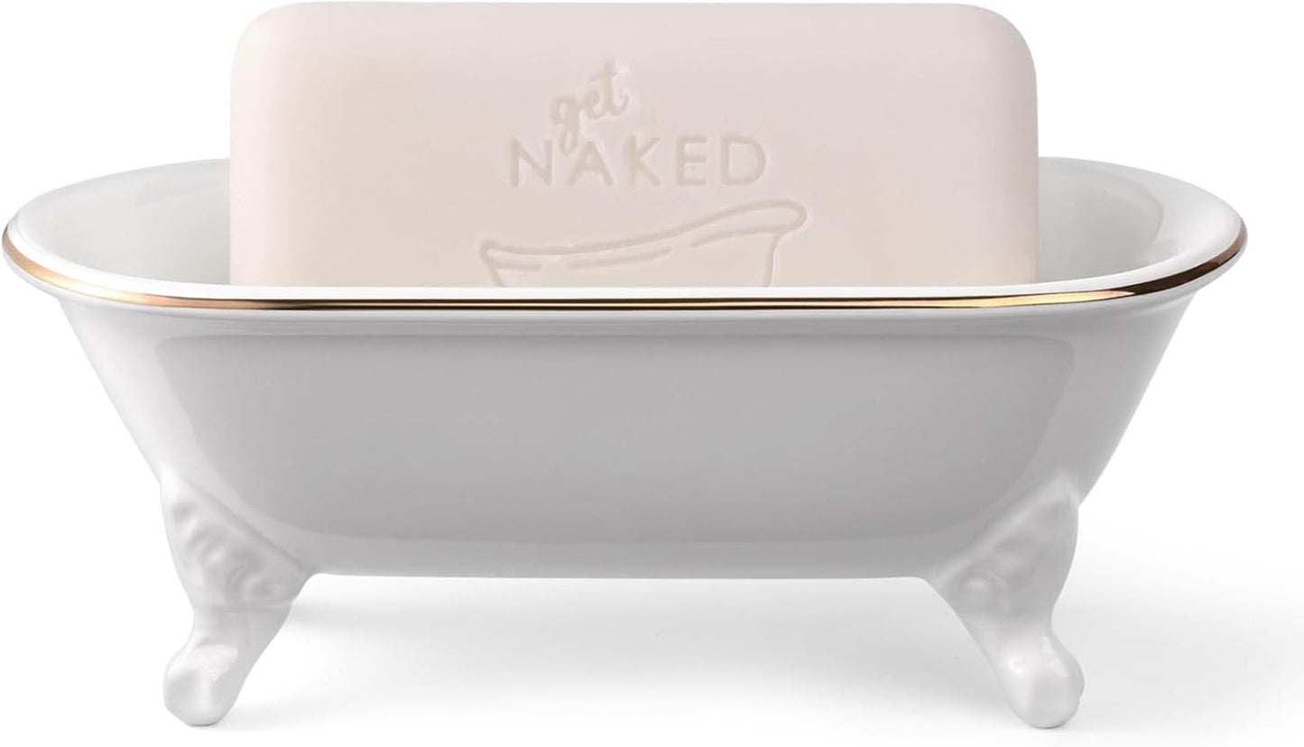 6.5" Ceramic Mini Decorative Clawfoot Bathtub Bar Soap Dish, Kitchen Sponge Holder and Shower Tray for Bathroom, 1 Pack (White Gold Rim)
