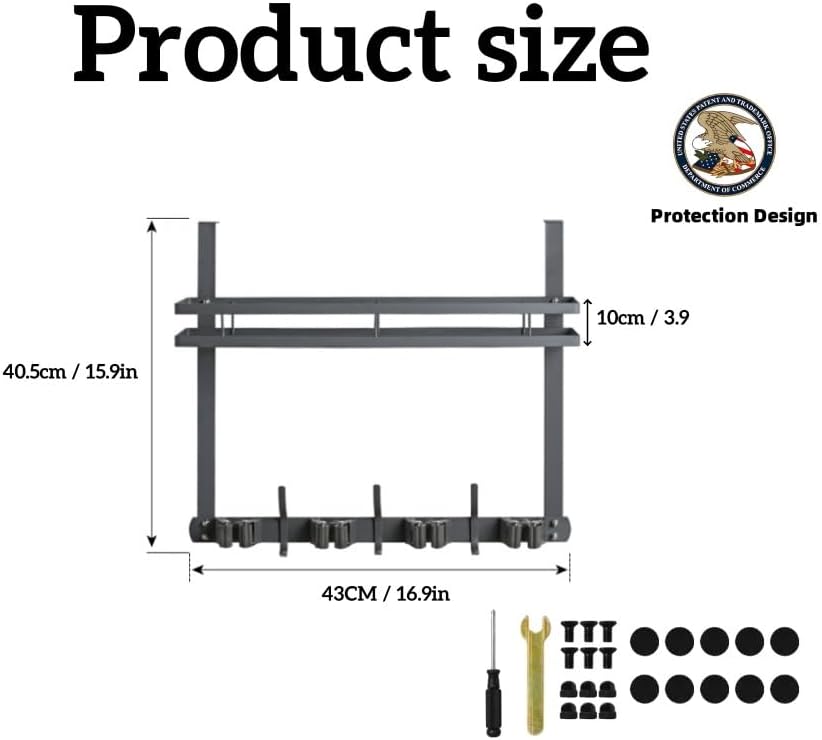 Broom Holder Over The Door Over Door Broom and Mop Rack Over The Door Hooks Organizer With4 Slots & 3 Hooks 1 Storage Basket For Laundry Room, Garage, Closet, Kitchen Decor (grey)