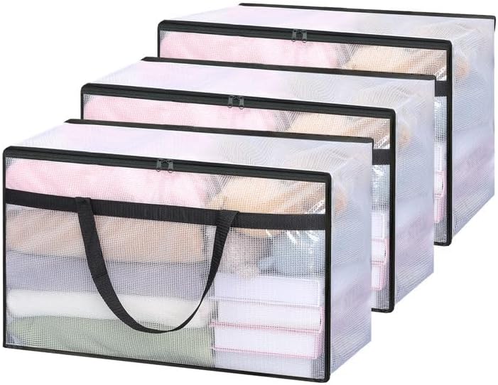 Vieshful 3 Pack 60L Clear Clothes Storage Bags with Zipper and Handles, Large Plastic Organizers for Comforter Clothes Bedding Blankets Duvets Pillow Toys & Moving