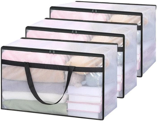 Vieshful 3 Pack 60L Clear Clothes Storage Bags with Zipper and Handles, Large Plastic Organizers for Comforter Clothes Bedding Blankets Duvets Pillow Toys & Moving