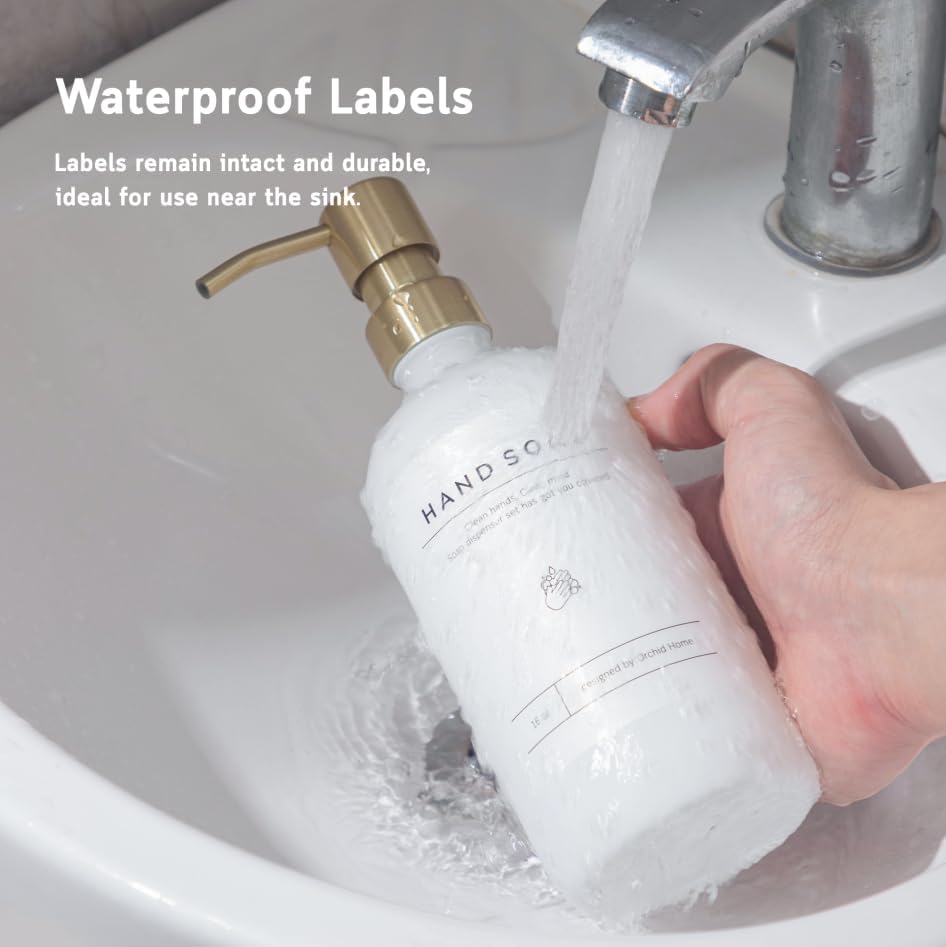 [Luxury] Kitchen Soap Dispenser Set - 16OZ White Glass Bottle, Stainless Steel Pump, Instant Dry Tray, Waterproof Labels, Non-Slip Silicone Pad, and Dish Brush | Upgrade for Your Kitchen and Bathroom