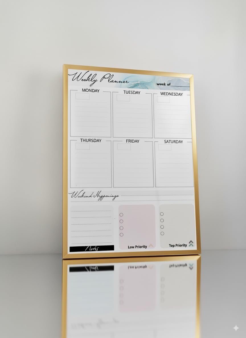 Small Whiteboard 12 x 16 Inch Magnetic Dry Erase Board with Stand & Wall Mount | Gold Aluminum Frame | Planner Board with Weekly & Monthly Sheets | 3 Markers, Eraser & 2 Magnets