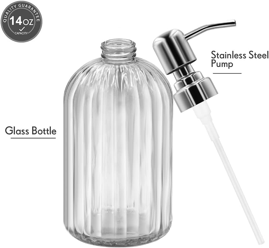 Soap Dispenser - 2 Pack 14 Oz Glass Soap Dispenser with Rust Proof Stainless Steel Pump, Refillable Liquid Bottle Dispenser, Premium Hand Jar Dispenser for Bathroom, Kitchen, Countertop (Transparent)