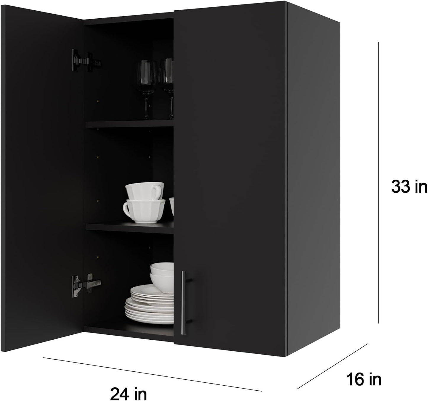 24 x 33 Inch Wall Cabinet set of 2, Kitchen Wall Mounted Wooden Storage Cabinet, Double Door Cabinet with Soft Close, Metal Handle, Adjustable Shelf, for Kitchen, Garage, Laundry, Bathroom, Black
